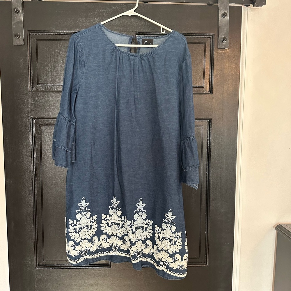 ECI Denim Blue Dress with White Floral Embroidery